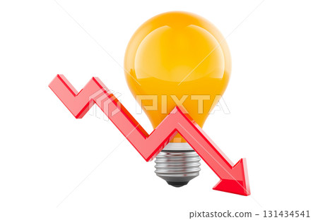 Yellow light bulb and red downward arrow. 3D rendering 131434541