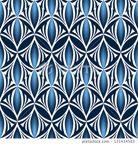 Magic winter ornament of curved lines. Blue geometric seamless pattern. Fantasy background 131434583