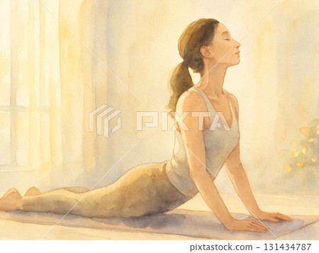 早晨瑜珈伸展和柔和的燈光（水彩畫） 131434787