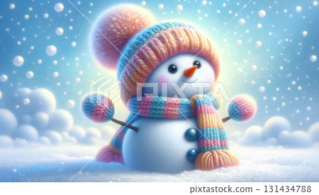 Cute snowman illustration in snowy landscape with scarf and wool hat. Christmas Celebration Time Cute snowman illustration in snowy landscape with scarf and wool hat. Christmas Celebration Time 131434788