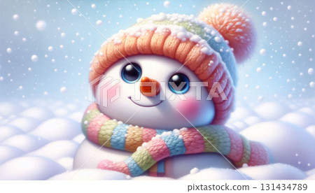 Cute snowman illustration in snowy landscape with scarf and wool hat. Christmas Celebration Time 131434789
