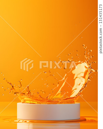 orange podium on background with oil splashes. banner for holidays. Stand for displaying good. orange podium on background with oil splashes. banner for holidays. Stand for displaying good. 131435173