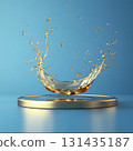 blue podium on background with oil splashes. banner for holidays. Stand for displaying good. 131435187