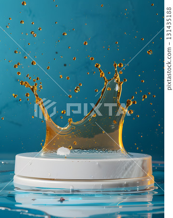 blue podium on background with oil splashes. banner for holidays. Stand for displaying good. 131435188