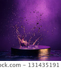 purple podium on background with oil splashes. banner for holidays. Stand for displaying good. 131435191