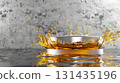 silver podium on background with oil splashes. banner for holidays. Stand for displaying good. 131435196