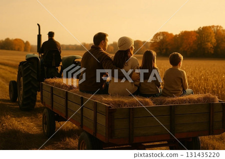 Family Riding Tractor on Hay in Countryside Family Riding Tractor on Hay in Countryside 131435220