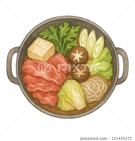 Sukiyaki illustration: A simple cutout image of a hot pot dish with plenty of ingredients 131435272