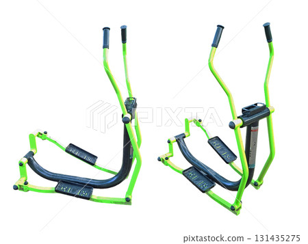 Two angles showcase an elliptical trainer designed for home workouts, highlighting its features and compact build, ideal for full-body exercise routines. 131435275