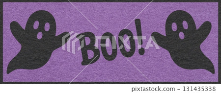 Halloween black ghosts with Boo text in flat on textured violet paper background, spooky web banner Halloween black ghosts with Boo text in flat on textured violet paper background, spooky web banner 131435338