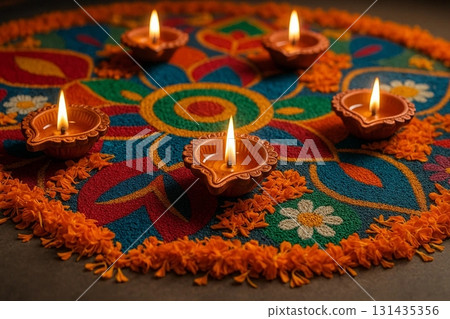 Colorful Rangoli with Diya Lamps Decoration Colorful Rangoli with Diya Lamps Decoration 131435356