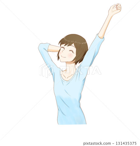微笑的動漫風格女孩舉起雙臂伸展（透明背景） 131435375