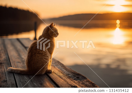 Cat sitting on wooden pier near calm lake during golden sunset with soft light 131435412