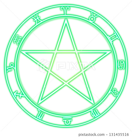 Magic circle with green glowing pentagram and constellation symbols on a transparent background 131435516