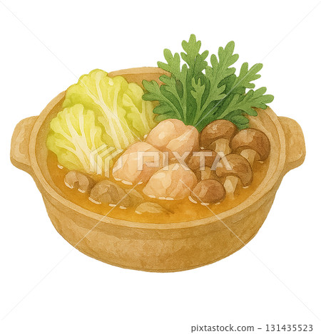 Yosenabe(一道經典的冬季火鍋菜餚)的水彩插圖及其配料 Yosenabe(一道經典的冬季火鍋菜餚)的水彩插圖及其配料 131435523