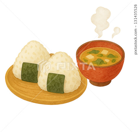 飯糰和味噌湯的水彩插圖、日式早餐套裝、餐桌材料 飯糰和味噌湯的水彩插圖、日式早餐套裝、餐桌材料 131435526
