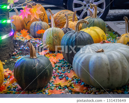 Decorations for Halloween on the street near the restaurant. Pumpkins are placed near the tree. Restaurant patio decoration. Painted multi-colored pumpkins. All Saints' Day. The holiday is Decorations for Halloween on the street near the restaurant. Pumpkins are placed near the tree. Restaurant patio decoration. Painted multi-colored pumpkins. All Saints' Day. The holiday is 131435649