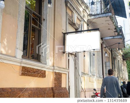 Mockup sign for a restaurant. Advertising of catering at the resort. 131435689