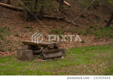 Rustic wooden picnic table with log benches in forest clearing surrounded by fallen leaves Rustic wooden picnic table with log benches in forest clearing surrounded by fallen leaves 131435810