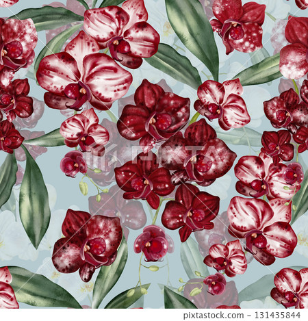 Beautiful seamless pattern with red, burgundy orchid flowers. Beautiful seamless pattern with red, burgundy orchid flowers. 131435844