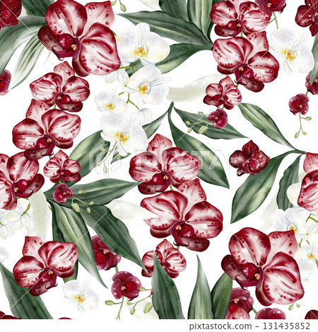 Beautiful seamless pattern with red and white flowers and green leaves of orchids. Beautiful seamless pattern with red and white flowers and green leaves of orchids. 131435852