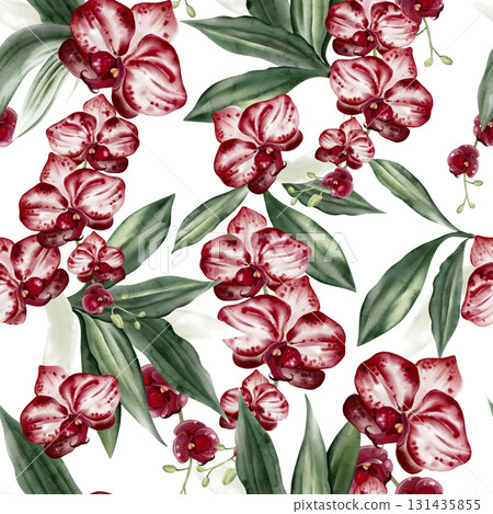 Beautiful seamless pattern with red flowers and green leaves of orchids. Beautiful seamless pattern with red flowers and green leaves of orchids. 131435855