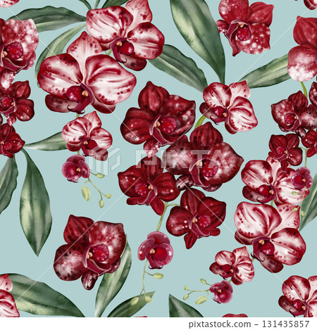 Beautiful seamless pattern with red, burgundy orchid flowers. 131435857