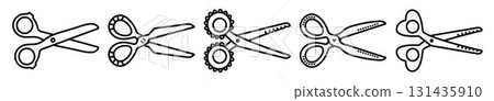 Decorative black line scissors set, monochrome icons, vector shears for gardening, hairdressing, sewing Decorative black line scissors set, monochrome icons, vector shears for gardening, hairdressing, sewing 131435910
