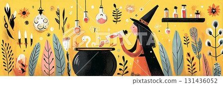 A witch in a pointed hat stirs a glowing cauldron, surrounded by vibrant autumn leaves and illuminated jars. The warm yellow background enhances the enchanting Halloween atmosphere, banner 131436052