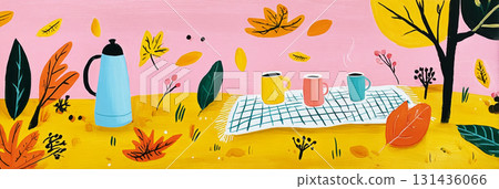 A soft checkered wool blanket is spread on dry autumn grass, accompanied by a metal thermos, two ceramic mugs, and a folded linen napkin. Fall leaves add vibrancy to the setting, banner 131436066