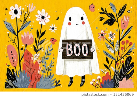 A cheerful ghost in a white sheet strolls through vibrant autumn leaves, holding a wooden sign that says BOO. The bright yellow background adds a festive Halloween touch 131436069