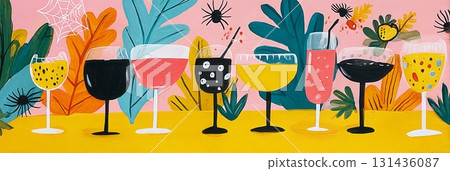 Colorful spooky cocktail glasses filled with red and black drinks are arranged playfully against a bright yellow background, embodying the festive spirit of autumn and Halloween, banner 131436087