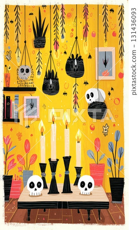Bright yellow backdrop adorned with whimsical skulls and autumn leaves designed for Halloween celebrations. Bats and festive banners add to the seasonal charm of the decor 131436093