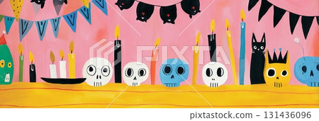 Brightly colored Halloween decorations fill the room, showcasing playful skulls, vibrant candles, and black bats. The festive display captures the spirit of autumn celebrations 131436096