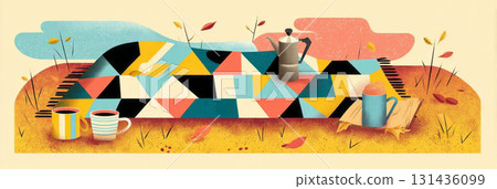 A checkered wool blanket lays on dry grass in autumn, showcasing a metal thermos, two ceramic mugs, and a folded linen napkin amidst colorful leaves, banner A checkered wool blanket lays on dry grass in autumn, showcasing a metal thermos, two ceramic mugs, and a folded linen napkin amidst colorful leaves, banner 131436099