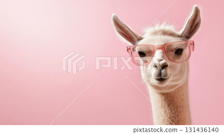 Llama Portrait with Glasses on Pink Background: Cute, Funny, and Fashionable Animal Image 131436140