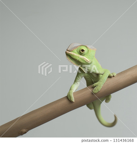 Chameleon reptile showcasing green scales on branch, a unique animal in nature and wildlife photography. 131436168