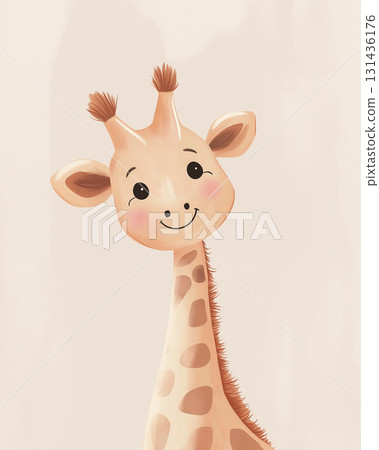 Cute cartoon giraffe illustration featuring a smiling animal in playful safari art design Cute cartoon giraffe illustration featuring a smiling animal in playful safari art design 131436176