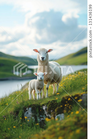 Sheep and lamb grazing in a scenic pasture with woolly coats under a serene countryside sky Sheep and lamb grazing in a scenic pasture with woolly coats under a serene countryside sky 131436199