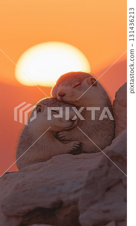 Sunset wildlife photography featuring hugging animals in a serene desert landscape Sunset wildlife photography featuring hugging animals in a serene desert landscape 131436213