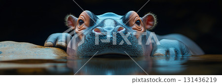 Hippo in natural habitat: wildlife, water, animal portrait with calm eyes, river safari Hippo in natural habitat: wildlife, water, animal portrait with calm eyes, river safari 131436219
