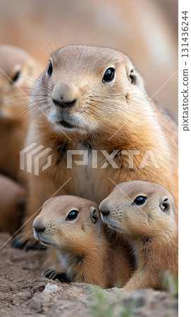 Wildlife prairie animal in nature with mammal outdoors in natural desert grassland rodent family Wildlife prairie animal in nature with mammal outdoors in natural desert grassland rodent family 131436244