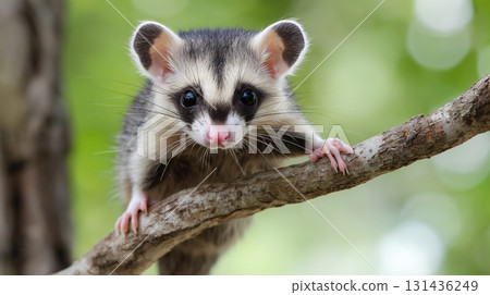 Close-up of a cute animal with striking eyes and fur pattern on a branch in the forest habitat 131436249