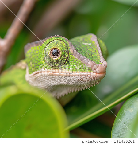 Chameleon lizard in green reptile nature: camouflage wildlife animal in exotic jungle. Chameleon lizard in green reptile nature: camouflage wildlife animal in exotic jungle. 131436261