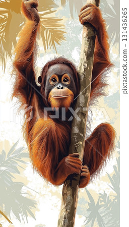 Orangutan primate wildlife in tree jungle, nature animal mammal, endangered conservation focus 131436265
