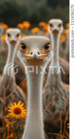 Portrait of ostrich birds in nature with feathers and exotic plumage outdoors Portrait of ostrich birds in nature with feathers and exotic plumage outdoors 131436270