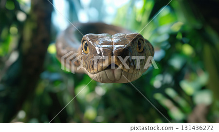 Closeup of a snake in the jungle showcasing its scales and natural camouflage. 131436272