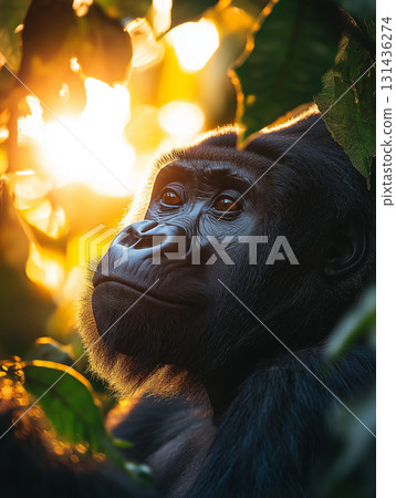 Gorilla in nature: wildlife jungle primate in forest with sunlight and animal habitat 131436274
