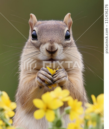 Squirrel wildlife nature animal closeup with flower, cute and natural yellow-eyed scene Squirrel wildlife nature animal closeup with flower, cute and natural yellow-eyed scene 131436276