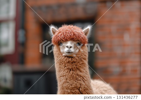 Adorable alpaca with fluffy wool texture in a farm setting, perfect for animal photography. 131436277